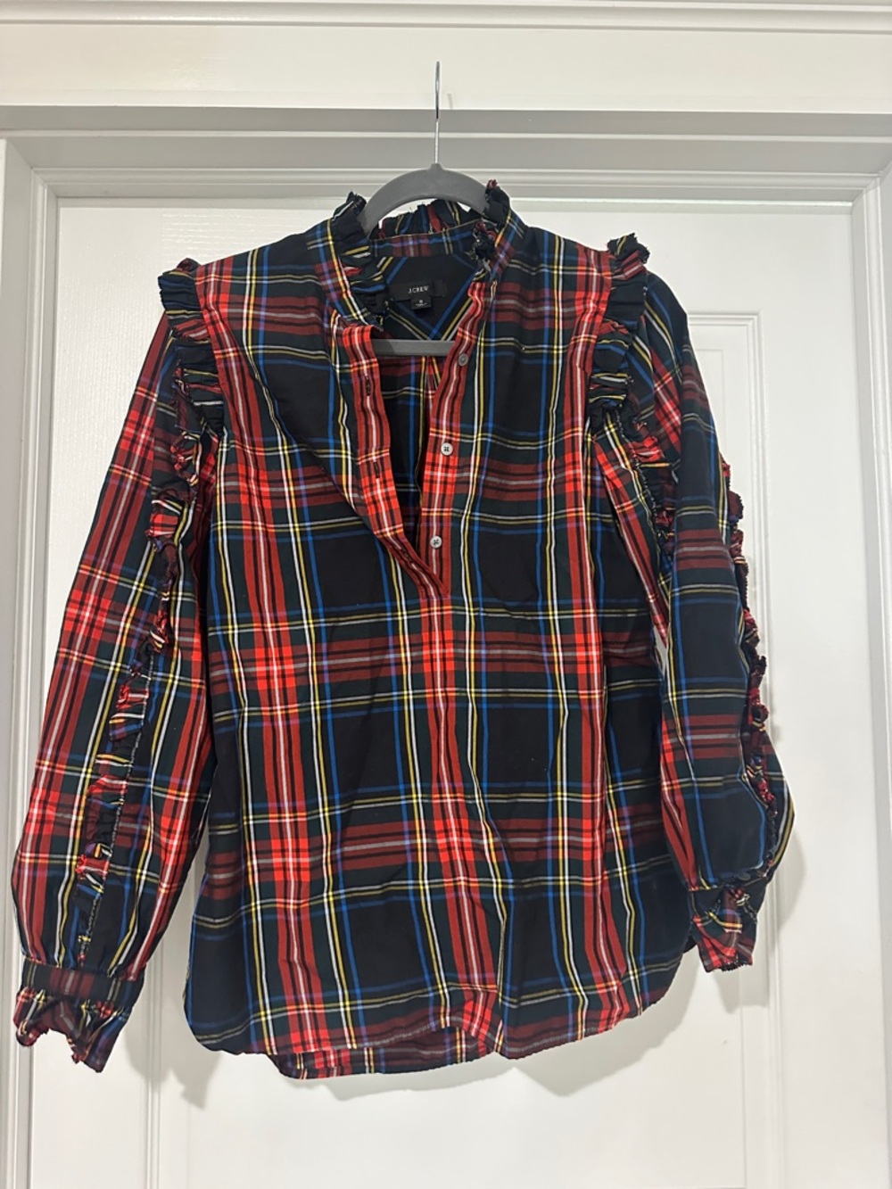 J. Crew Red and Navy Plaid Ruffle-Trim Button-Up Blouse